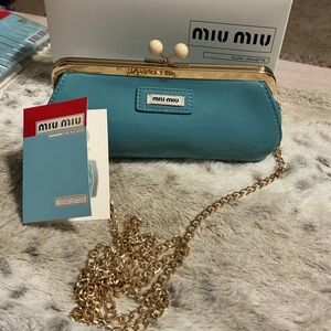 Miu Miu Teal Clutch with Gold Chain